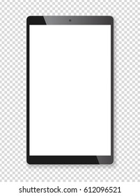 Realistic tablet portable computer. Contemporary black gadget with shadow, wide format. Graphic design element for catalog, web site, as blank mockup, demonstration template. Vector illustration.