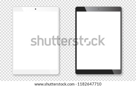 Realistic tablet portable pads set. Contemporary black and white mobile gadgets. Vector illustration