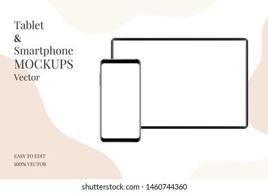 Realistic tablet and smartphone isolated on white background. Blank smartphone and tablet mockup set. Vector mockup.