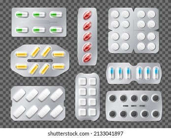 Realistic tablets blisters. Medicines and pills in foil packaging. Pharmaceutical capsules. Drugs in special containers. Painkiller or vitamin. Vector prescription remedy