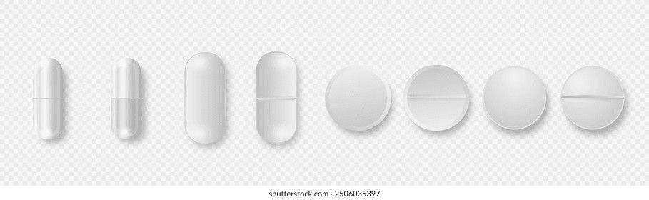 Realistic Tablets, Capsules Design Template for Graphic and Design, Mockup. Medical and Healthcare Concept of Medicine Drugs. Top View