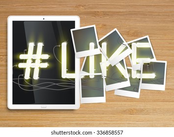 Realistic tablets with neon "#like" and picture frames, vector