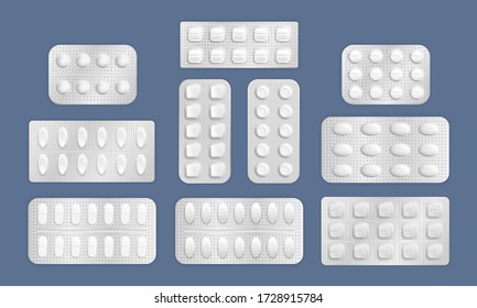 Realistic tablets in packing to treat illness and pain. White 3d blister pack of tablet. Medicine pill and capsule packs, white 3D drugs and vitamins. Realistic medicine antibiotics packing. Vector.