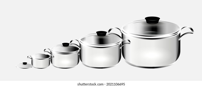 Realistic tableware. 3D kitchen utensils and dishes, steel dishes. Vector illustration isolated set of clean kitchen tools, pans