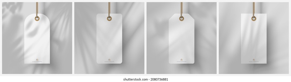 Realistic tags mockup: four blank white tags with overlay tropical shadow. Vector illustration EPS10	