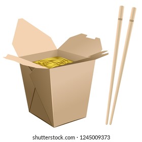 Realistic take away food box and chopsticks. Paper box isolated on white background. Vector illustration. Packaging design element for branding.