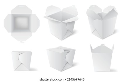 Realistic take away noodle box mockup for chinese food set isolated on white background. Blank cardboard takeaway wok container for asian restaurant template for branding. 3d vector illustration