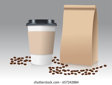 Realistic take away paper coffee cup and brown paper bag with coffee beans. Vector illustration.