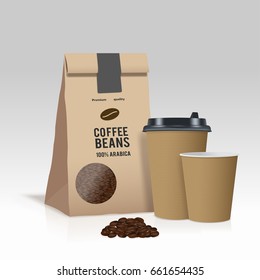 Realistic take away paper coffee cup and brown paper bag with coffee beans. Vector illustration