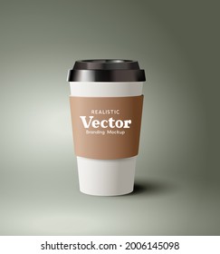 A realistic takeaway cardboard coffee cup with plastic lid. Contemporary beverage hot drinks marketing template Vector illustration