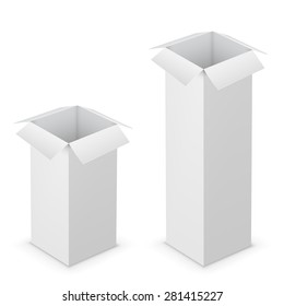 Realistic tall white vector opened blank boxes. Vector illustration