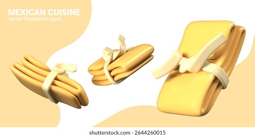 Realistic tamale in different positions. Mexican popular dish. Stuffing wrapped in corn dough