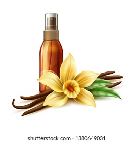 Realistic tanning oil in bronze spray bottle. Vanilla flower near orange moisturizer, skin care oil essence. Spa product package vector design.