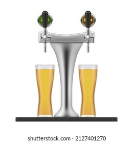 Realistic tap bar with two transparent glasses full of beer vector illustration. Pub equipment with faucet and handles for pouring ale malt refreshing alcohol beverage with foam isolated on white