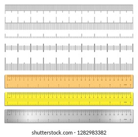 Realistic tape rulers and scale measure set isolated on white background. Plastic, metal and wooden double sided measurement in cm and inches. Length measurement scale chart. Vector illustration