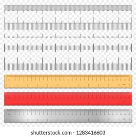 Realistic tape rulers and scale measure set isolated on transparent background. Plastic, metal and wooden double sided measurement in cm and inches. Length measurement scale chart. Vector illustration