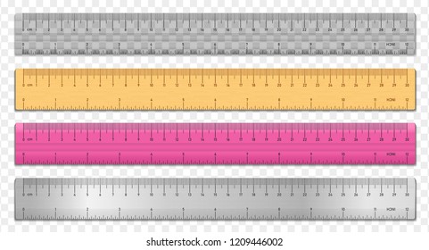 Realistic tape rulers set isolated on transparent background. Plastic, metal and wooden double sided measurement in cm and inches. Vector illustration