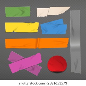 Realistic tapes set. Green, yellow, orange, red and blue stickers. Medical bandage, scotch tape, electrical tape pack. Flat vector collection isolated on transparent background