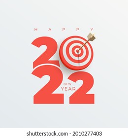 Realistic target 2022 New Year and goals with symbol of 2022 from red archery target, arrows archer and number. Resolution and target for new year 2022 concept. Vector illustration on white background