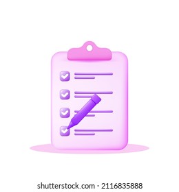 realistic task checklist concept vector icon illustration. 3d icon. task checklist concept accompanied by purple pencil or pen. isolated in white background