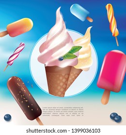 Realistic tasty cold desserts template with lollipops popsicles ice cream with fruit and berry flavors vector illustration