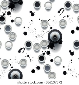 Realistic tattoo ink bottle and caps. All top view objects are isolated from each other. Vector seamless pattern