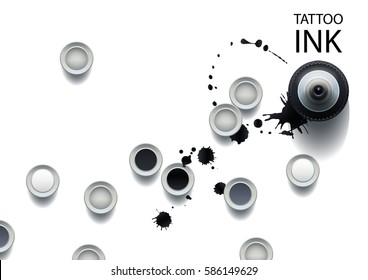 Realistic tattoo ink bottle and caps. All objects are isolated from each other. Top view design