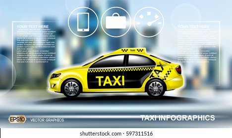 Realistic Taxi car Infographic. Urban city background. Online Cab Mobile App, Cab Booking, Map Navigation e-commerce business concept. Digital Vector