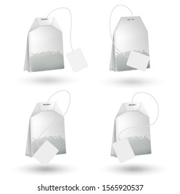 Realistic tea bag isolated on white background. White empty tea bag mockup. Vector