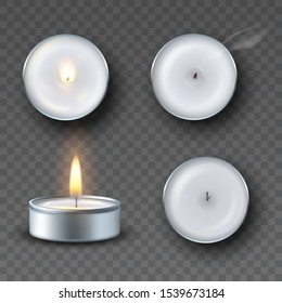 Realistic tea candle with fire, extinguished candle with smog and candle fire  set isolated on transparent background.
