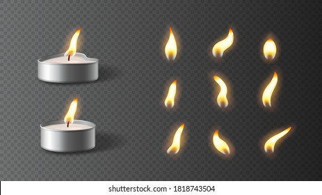 Realistic tea candles with set of flames. Vector illustration with 3d burning tea candles isolated on checkered background.