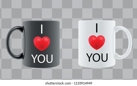 Realistic tea or coffee cup / mug with heart shaped and with text "I love you". High resolution