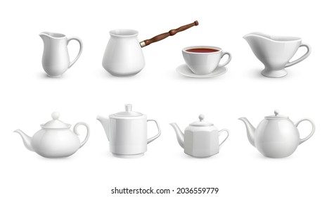 Realistic tea crockery. White porcelain tableware. Ceramic utensil for coffee cooking. Various teapots and cup with plate. Household milk jug and cezve. Vector drinking dinnerware set