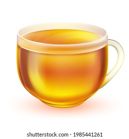 Realistic tea cup vector illustration. Transparent glass cup of tea with handle and tea isolated on white background. Green or white tea with light brown color water. Vector illustration EPS10