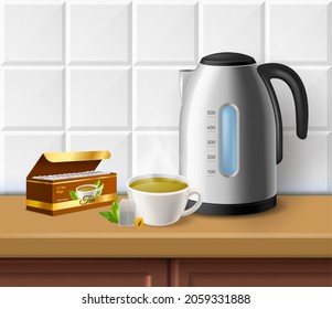 Realistic tea. Hot drink preparation. Household electric kettle. Teabags packaging and porcelain cup on tabletop. Kitchen appliance and utensil for brewing beverage. Vector concept