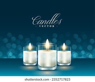 realistic tea light candle with glass holder on bokeh background vector 