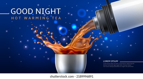 Realistic tea poster. Hot drink jet pouring from thermos into unscrewing cup, hiking conditions, heat preservation, blank package, advertising banner template, utter vector concept