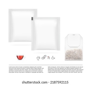 Realistic tea sachet mockup set. Front view. Vector illustration isolated on white background. Ready for your design. EPS10.	