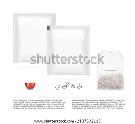 Realistic tea sachet mockup set. Front view. Vector illustration isolated on white background. Ready for your design. EPS10.	