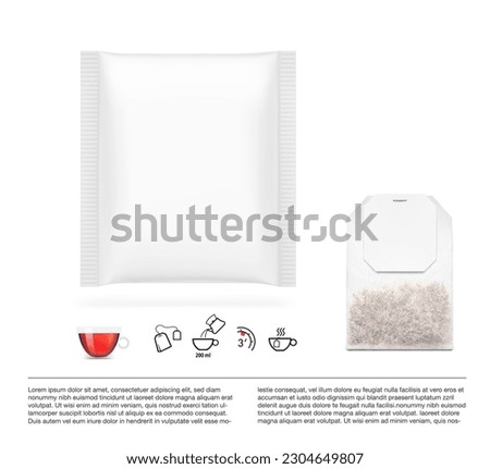 Realistic tea sachet mockup set. Front view. Vector illustration isolated on white background. Ready for your design. EPS10.	