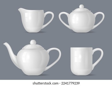 Realistic tea set. Utensils for tea relax time pot tea cup bowl for sugar and kettle decent vector template