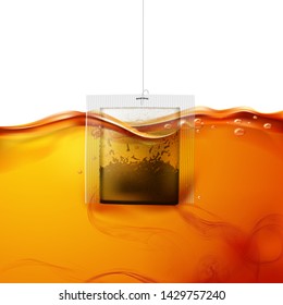 Realistic teabag dipped into hot water. Black tea swirls in fresh liquid. Sachet brewing in hot beverage flow. Antioxidant healhty drink package vector design.