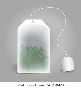realistic teabag. green tea. vector graphic template on the white isolated background. 3D illustration.