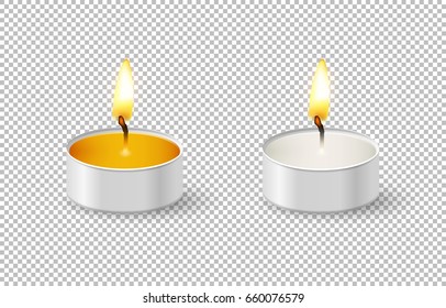 Realistic tealight candle icon set isolated on transparent background. Cose-up design template in vector EPS10.