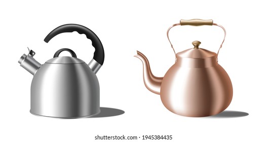 Realistic teapots set. Whistling kettle and retro copper teakettle for boiling water on gas stove for tea or coffee drink. 3d vector illustration