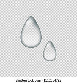 Realistic tear like water drops on transparent background. Water droplets.