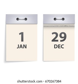 Realistic tear-off calendar. Front view. Whole and torn off sheet of paper. Isolated on white background. Element for your design.