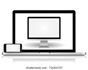 Realistic technology modern monitor computer computer computer smart phone phone cell cell phone laptop on a white background vector illustration