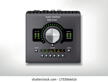 Objeto de tecnología realista, dibujos vectoriales de interfaces de audio externas, tarjetas de sonido. Imágenes vívidas de dispositivos musicales digitales. Equipamiento para los estudios de grabación.