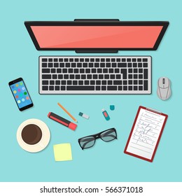 Realistic technology workplace organization. Top view of color work desk with laptop, smartphone, tablet pc, diary, glasses, and coffee mug